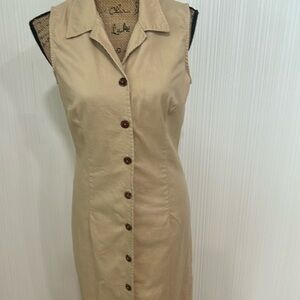Vintage Tickets button down  Tan Sleeveless Maxi Dress 100% Cotton Made in USA